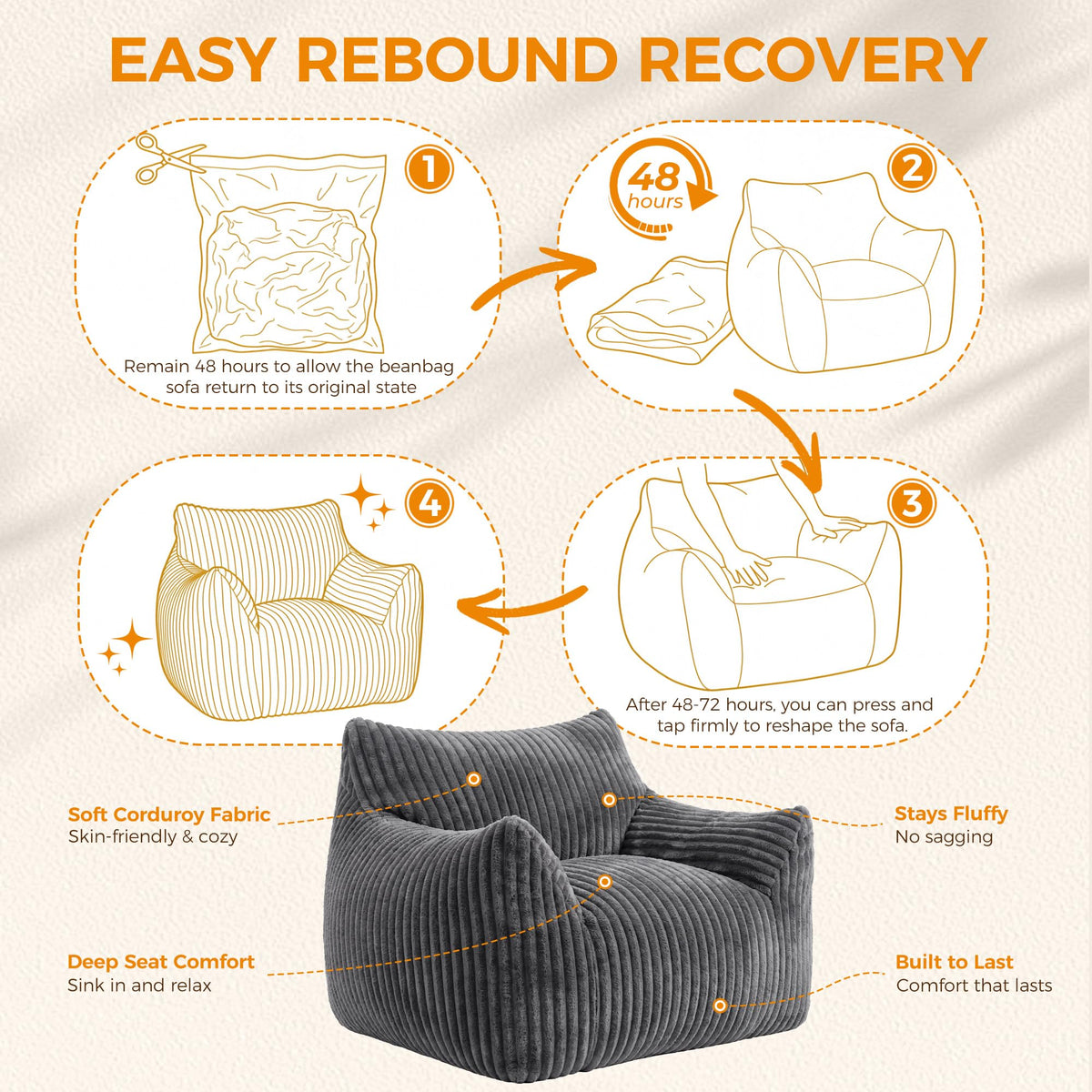 Hamlody Corduroy Bean Bag Chair, Premium Shredded Foam Single Sofa
