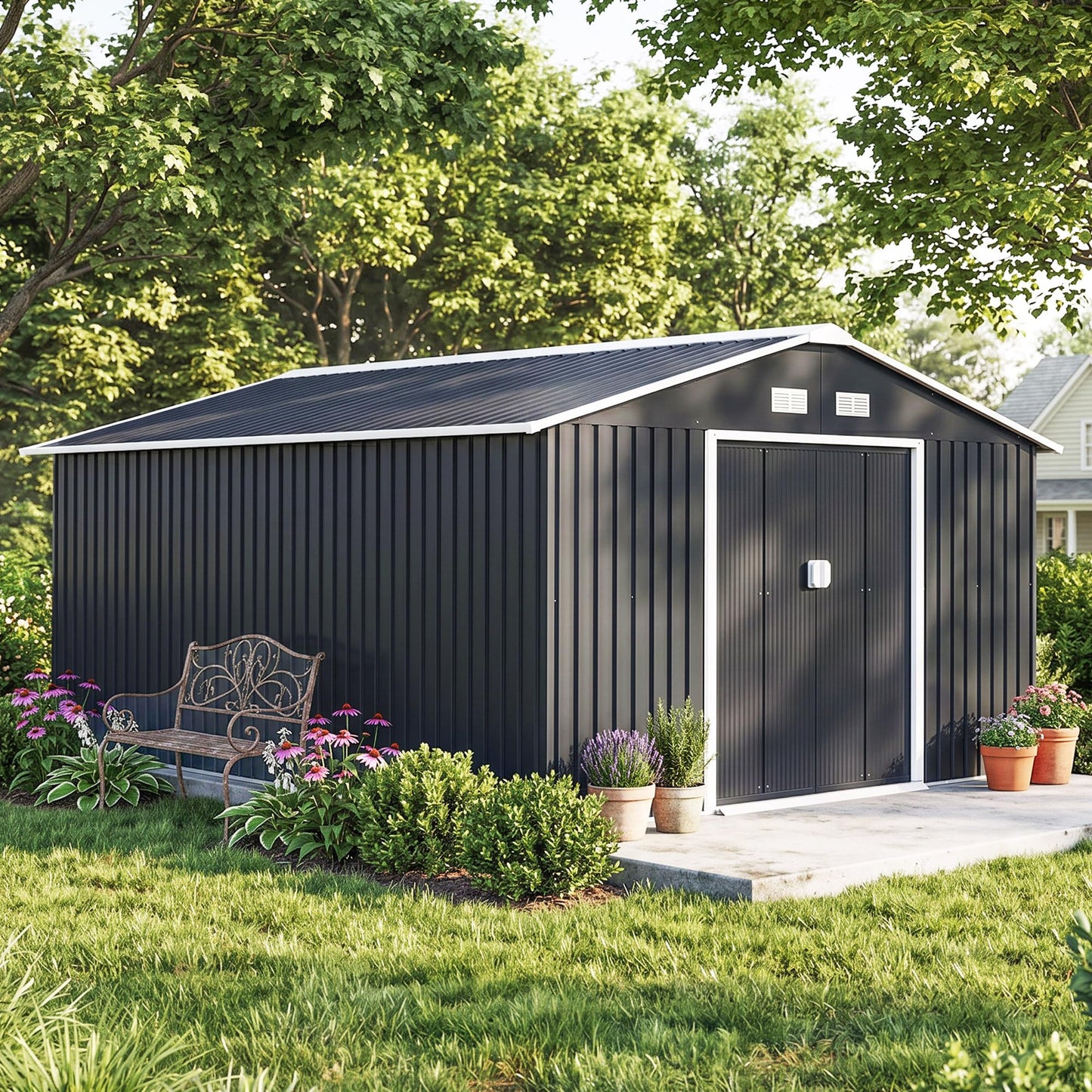 Outsunny 13 x 11ft Metal Garden Shed Waterproof Galvanised Grey