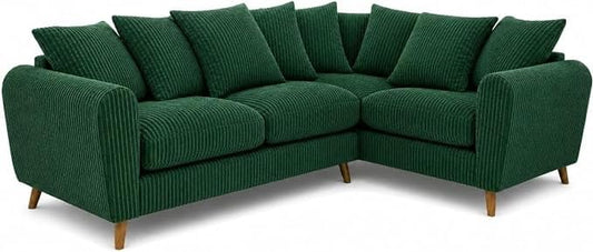 SofaSelection Harlow Jumbo Cord Right Hand Dual Arm Corner Sofa, Two Modern Tailored Sofas Joined at the Corner, Plump Scatter Back Cushions, Solid Hardwood Frame, Green