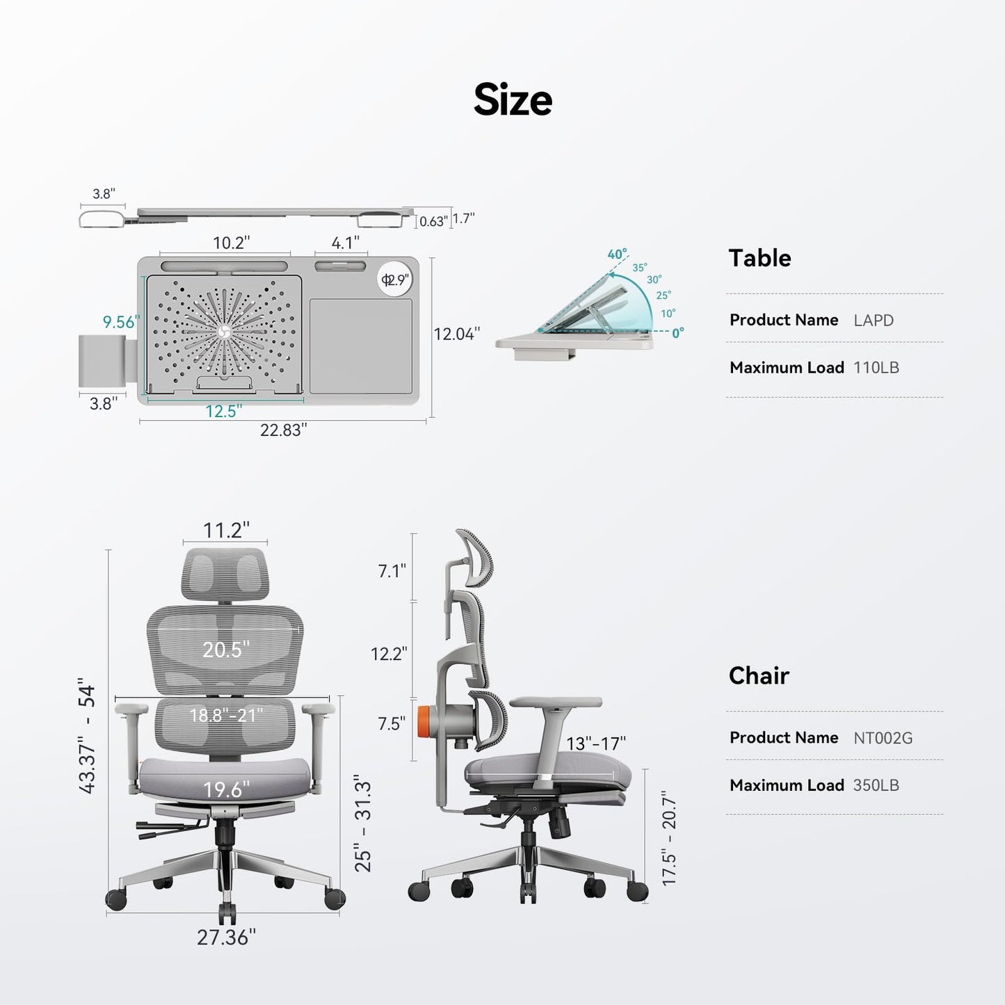 Newtral NT002 Ergonomic Office Chair with Laptop Tray, Grey