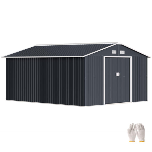 Outsunny 13 x 11ft Metal Garden Shed Waterproof Galvanised Grey