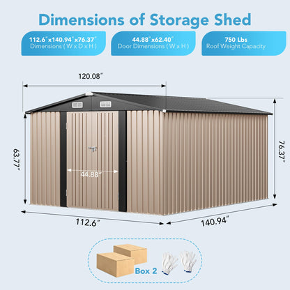 CoziBB 10x12ft Metal Garden Shed, Outdoor Storage Shed with Windows, Waterproof Garden Shed & Tool Shed – Lockable Double Doors and Sloped Roof, for Garden, Patio or Lawn, Brown