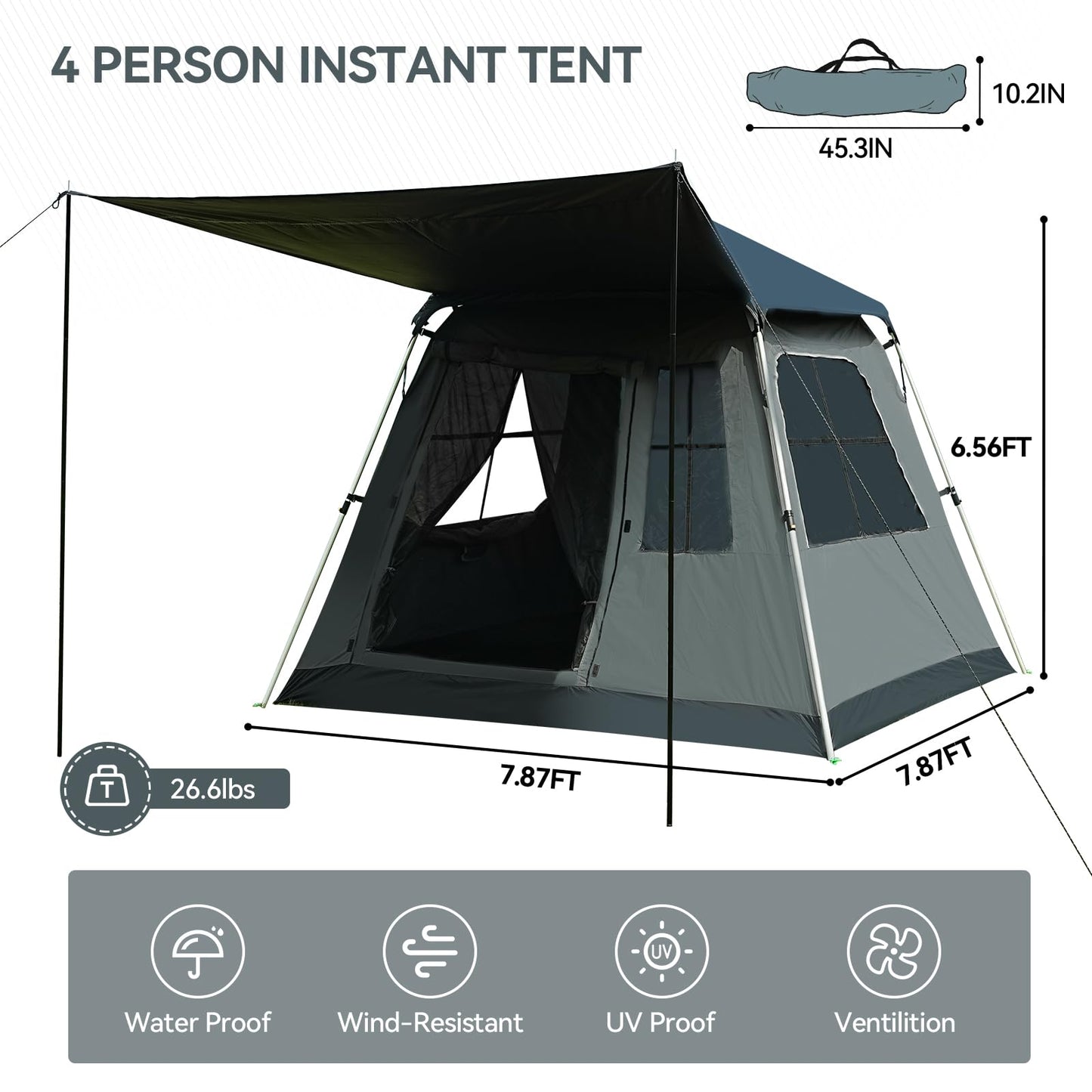 Instant Pop-Up Dome Tent 3-4 Person with Sunshade, Grey