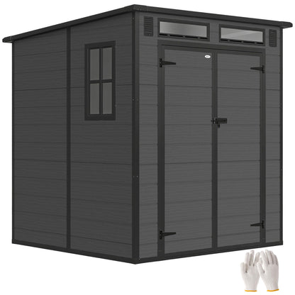Outsunny 6 x 6 ft Plastic Garden Shed with Floor, Three Windows, Dark Grey