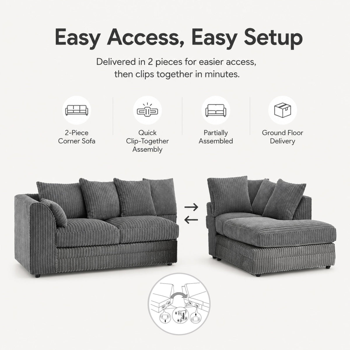New Luxor Fabric Corner Sofa Grey | Soft Jumbo Cord 3-4 Seater Corner Sofa (Grey, Right Hand Facing)