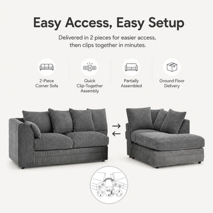 New Luxor Fabric Corner Sofa Grey | Soft Jumbo Cord 3-4 Seater Corner Sofa (Grey, Right Hand Facing)