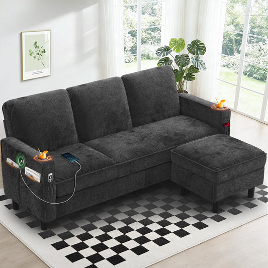 Aotumm Ciort 3-Seater Sofa with Storage Ottoman Footstool, L-shaped Chaise Lounge Sofa with USB Charging Ports, 2 Cup holders, Modern Fabric Small Space Corner Sofa Couch for Living Room (Deep Grey)