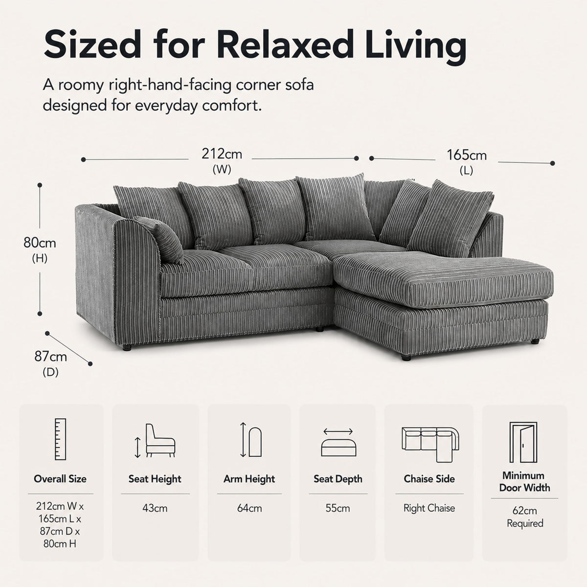 New Luxor Fabric Corner Sofa Grey | Soft Jumbo Cord 3-4 Seater Corner Sofa (Grey, Right Hand Facing)