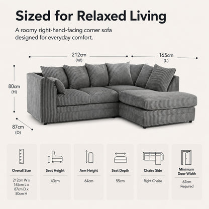New Luxor Fabric Corner Sofa Grey | Soft Jumbo Cord 3-4 Seater Corner Sofa (Grey, Right Hand Facing)