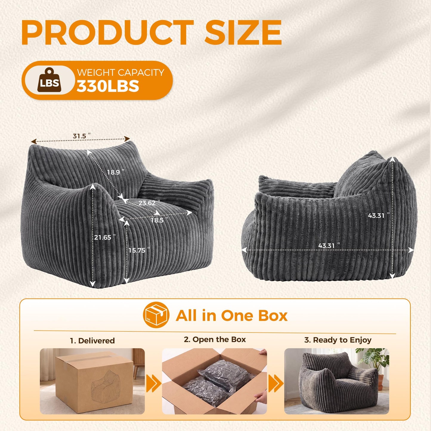 Hamlody Corduroy Bean Bag Chair, Premium Shredded Foam Single Sofa