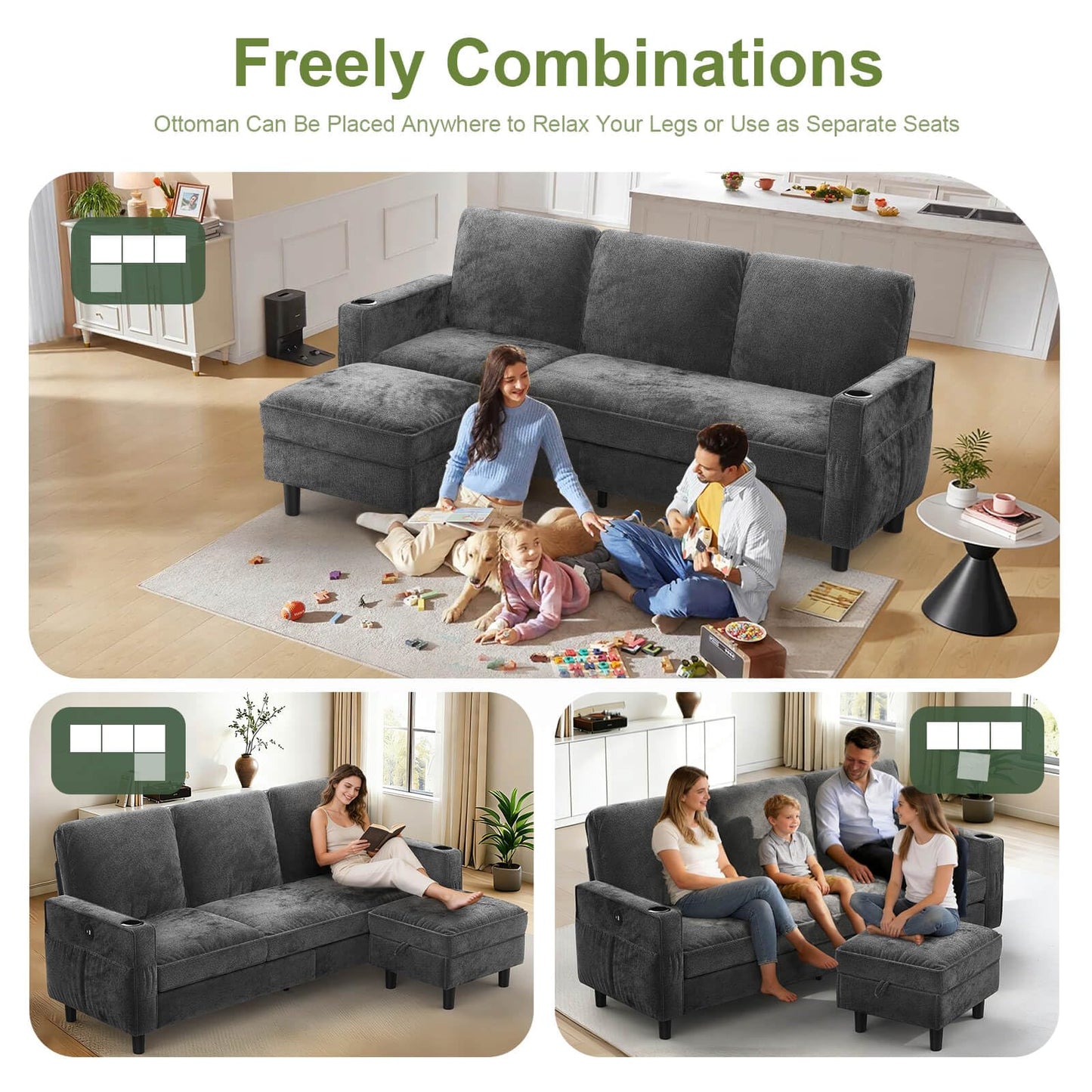 Aotumm Ciort 3-Seater Sofa with Storage Ottoman Footstool, L-shaped Chaise Lounge Sofa with USB Charging Ports, 2 Cup holders, Modern Fabric Small Space Corner Sofa Couch for Living Room (Deep Grey)