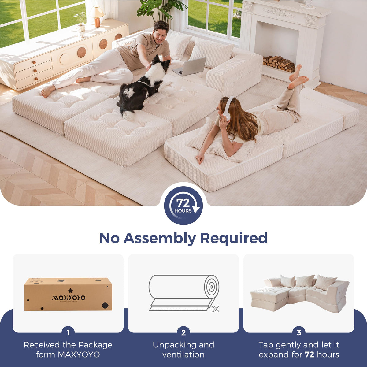 MAXYOYO Modular Sectional Sofa Bed, Convertible Sofa Bed with Foldable Sleeper and Throw Pillow, Corduroy Tufted Floor Couch Boneless for Living Room, Bedroom, Guest Room, No Assembly