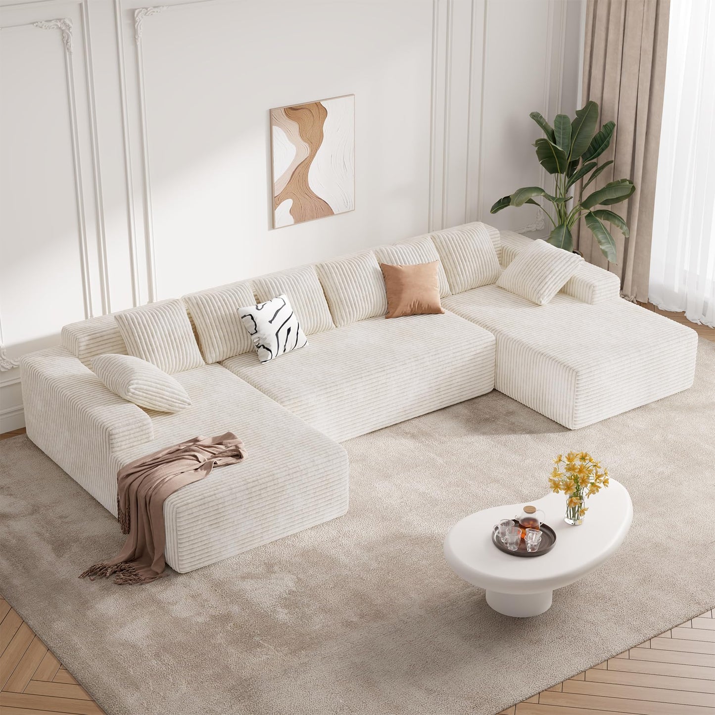 131'' Modular Sectional Sofa with Chaise Lounge, U-Shaped Cloud Couches for Living Room, No Assembly Required Corduroy Boneless Couch, Beige