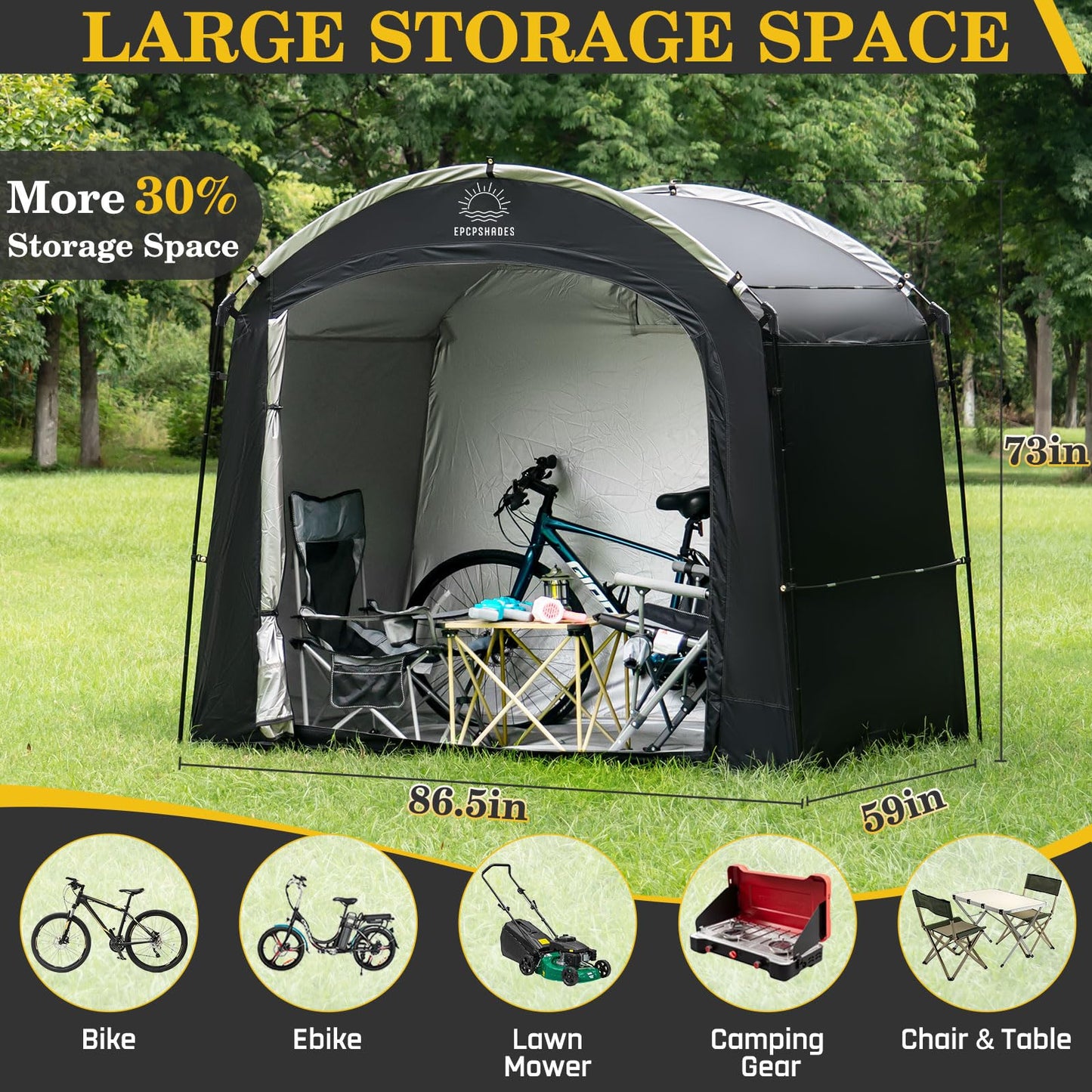 EPCPSHADES Bike Storage Shed Tent, Waterproof Portable Bicycle Cover with 30% More Top Storage Space for 2/3/4/5 Bikes,Clips Easy Setup Outdoor Sheds Shelter for Motorcycle, Garden Tools, Lawn Mower