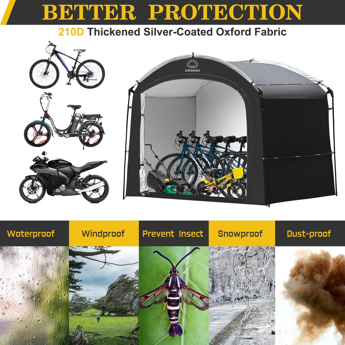 EPCPSHADES Bike Storage Shed Tent, Waterproof Portable Bicycle Cover with 30% More Top Storage Space for 2/3/4/5 Bikes,Clips Easy Setup Outdoor Sheds Shelter for Motorcycle, Garden Tools, Lawn Mower