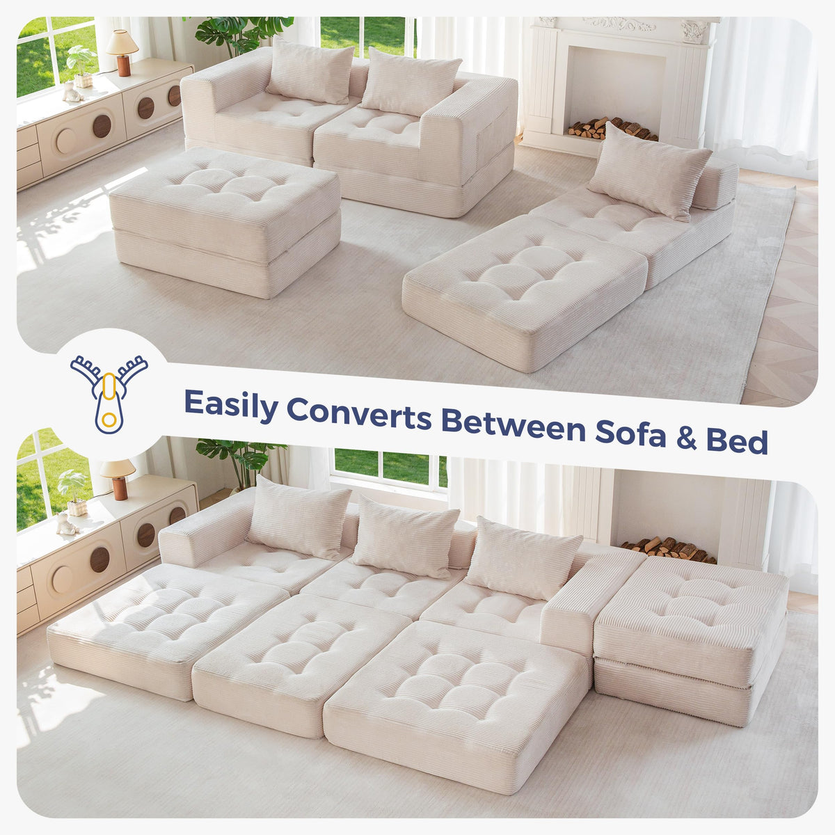MAXYOYO Modular Sectional Sofa Bed, Convertible Sofa Bed with Foldable Sleeper and Throw Pillow, Corduroy Tufted Floor Couch Boneless for Living Room, Bedroom, Guest Room, No Assembly