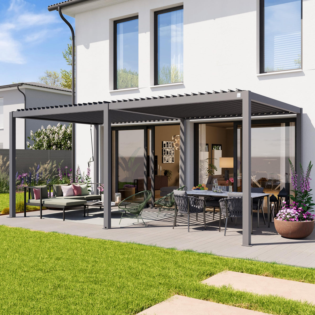 PRIMEYARD Pergola 3x6 m aluminium posts with louvered steel roof grey canopy