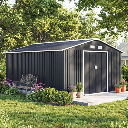 Outsunny 13 x 11ft Metal Garden Shed Waterproof Galvanised Grey