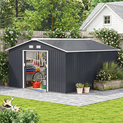 Outsunny 13 x 11ft Metal Garden Shed Waterproof Galvanised Grey