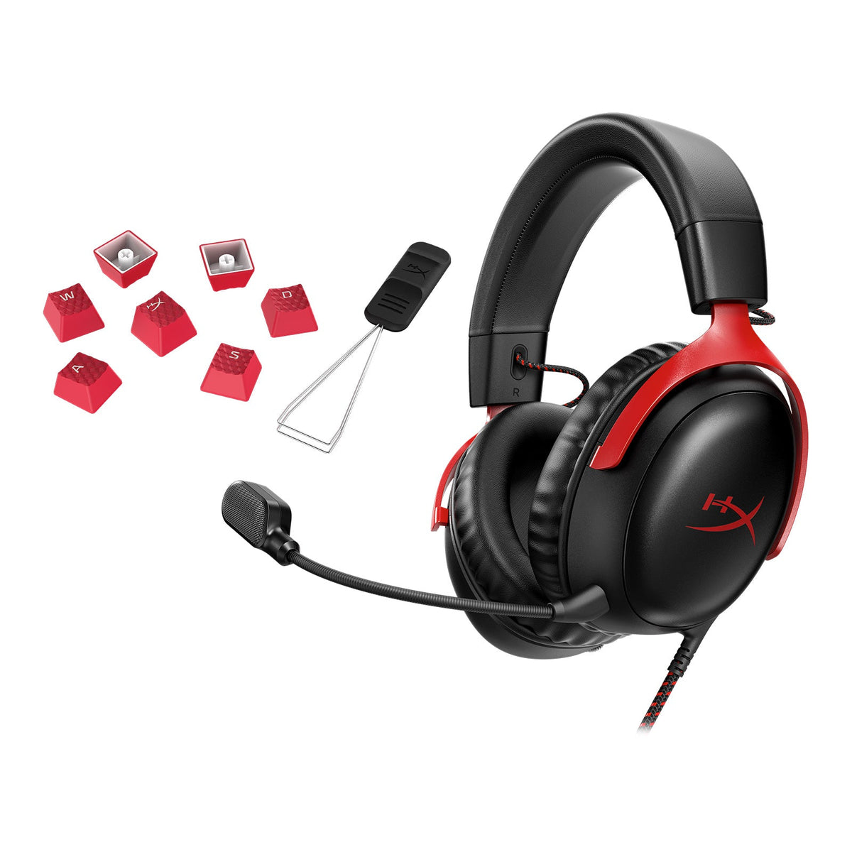 Gaming headset with microphone, red accents, and red keycaps on a white background